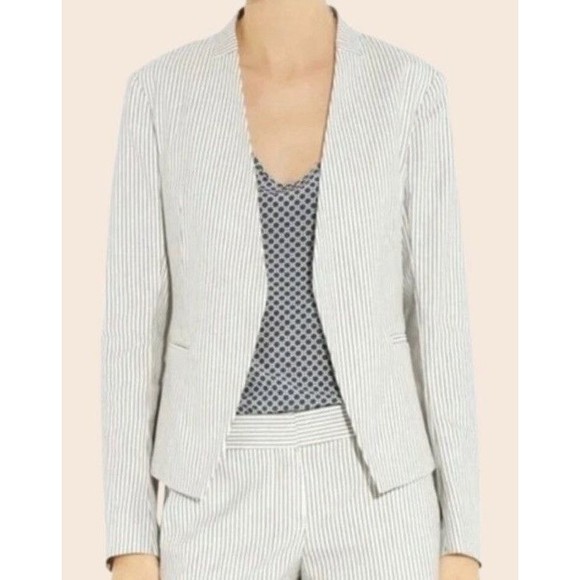 Theory White Navy Pinstripe Lanai Canvas Open Front Blazer Size 10 - Picture 1 of 8